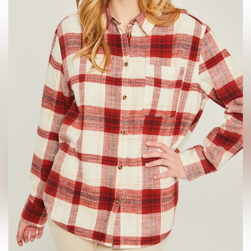 Plaid Long Sleeve Button Down Flannel Red